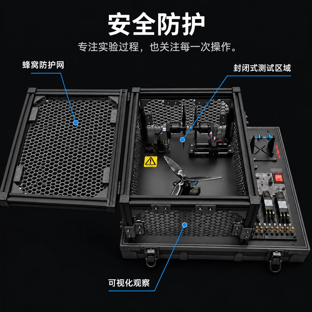 LF-EPower 安全防护：蜂窝防护网、封闭式测试区域、可视化观察