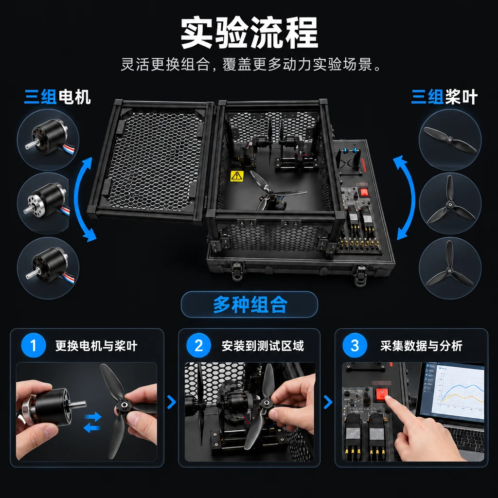LF-EPower 实验流程：三组电机与三组桨叶可更换组合，从安装测试到采集分析