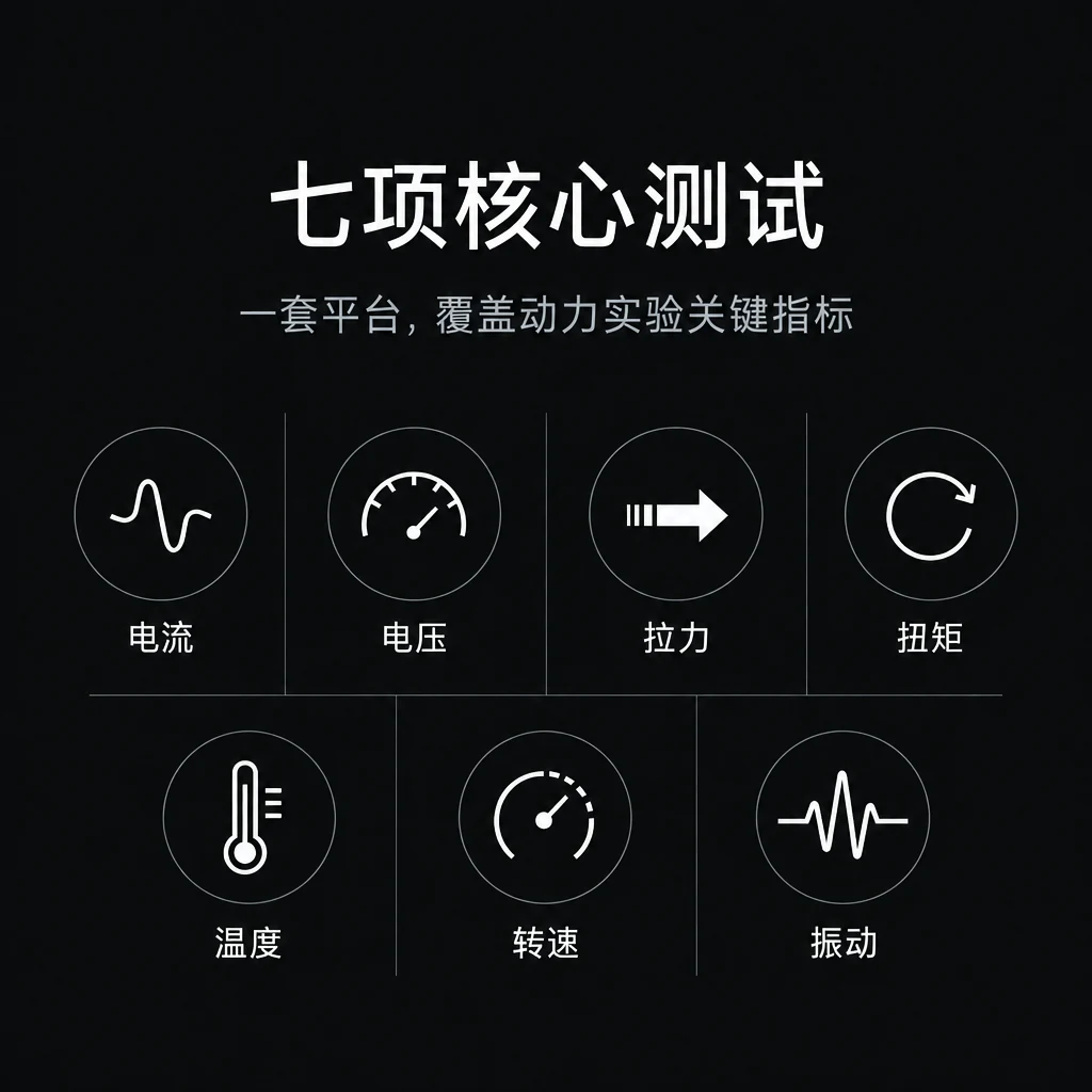 七项核心测试：拉力、扭矩、转速、温度、电压、电流、振动